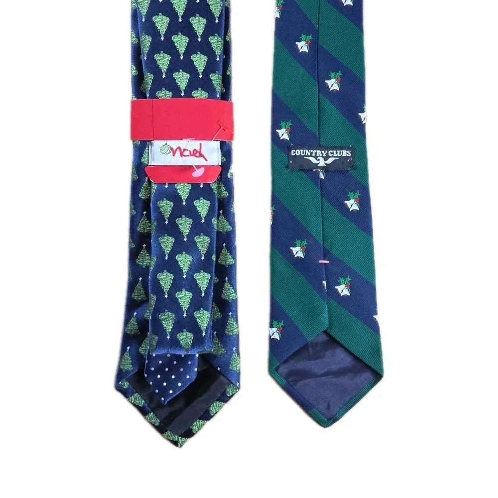 Lot of 2 Christmas TIES /  BELLS HOLLY‎ AND CHRISTMAS TREES NEW AND USED